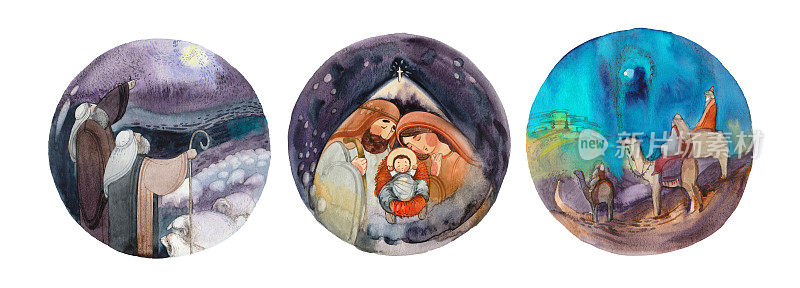圣诞插图:耶稣诞生场景，圣母玛利亚与约瑟，婴儿耶稣基督在马槽里，伯利恒之星。牧羊人在伯利恒的夜晚。三个智者骑着骆驼去耶路撒冷