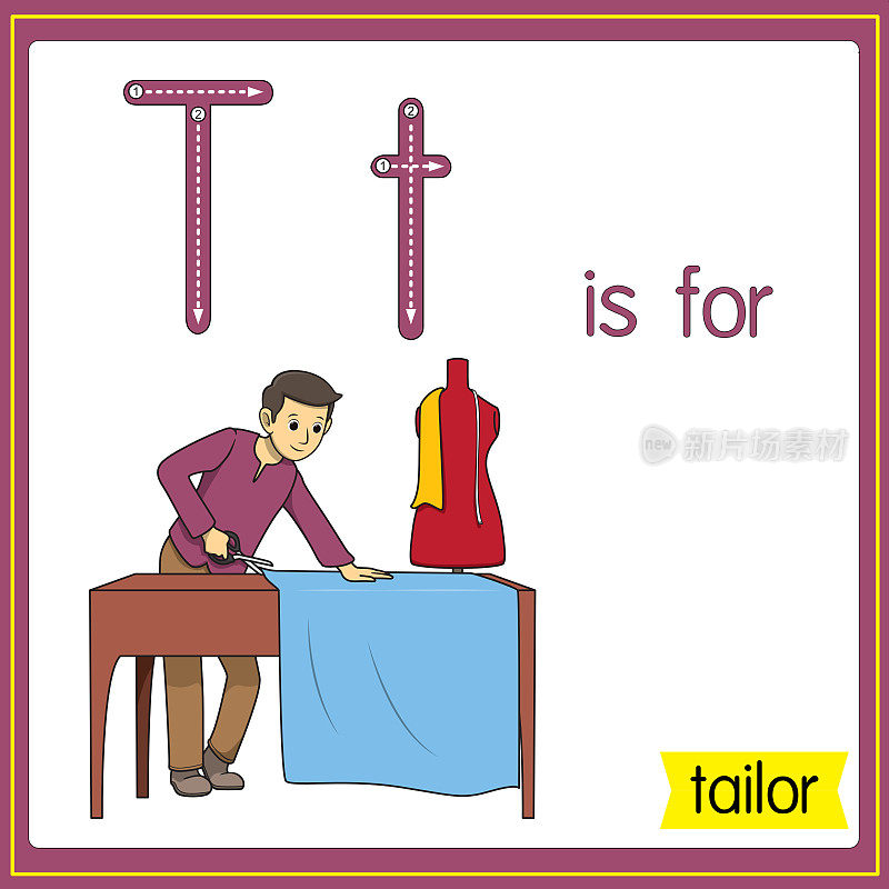 矢量插图学习字母为儿童与卡通形象。字母T代表裁缝。