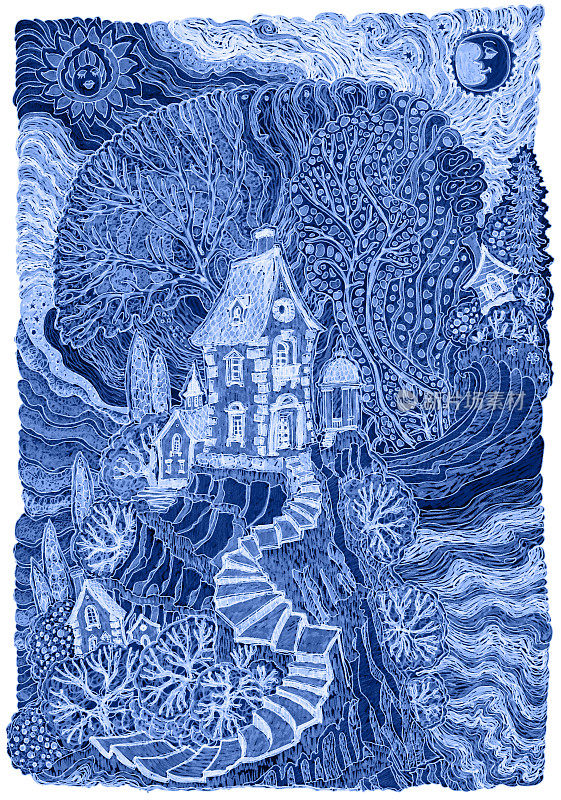 用毡尖笔描绘的梦幻海洋景观。地中海岛上童话般的中世纪城堡。蓝色t恤印花与白色框架