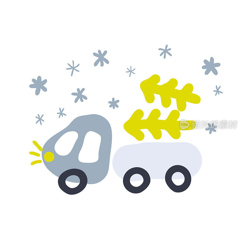 雪天里载着圣诞树的卡车的涂鸦插图。完美的t恤，纺织，印刷，装饰和设计。