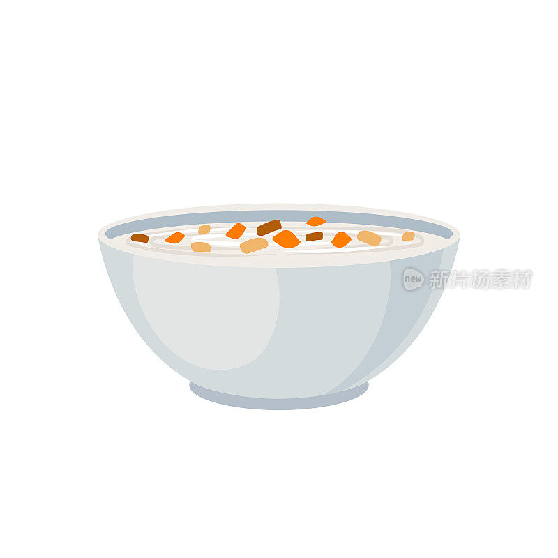 矢量碗白色奶油汤，蔬菜汤图标孤立在白色背景。