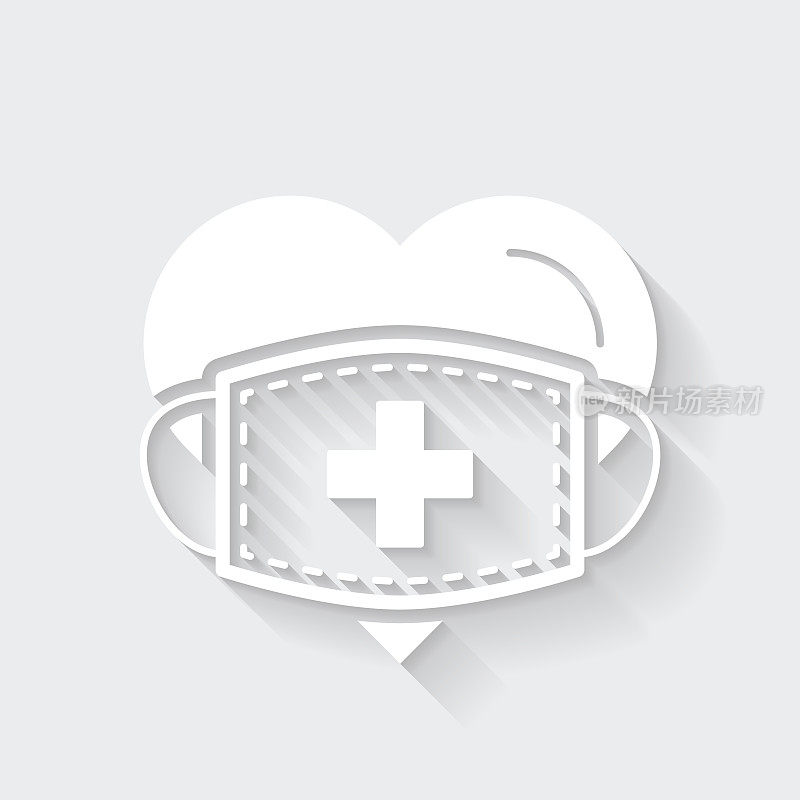 心脏带医用防护面罩。图标与空白背景上的长阴影-平面设计