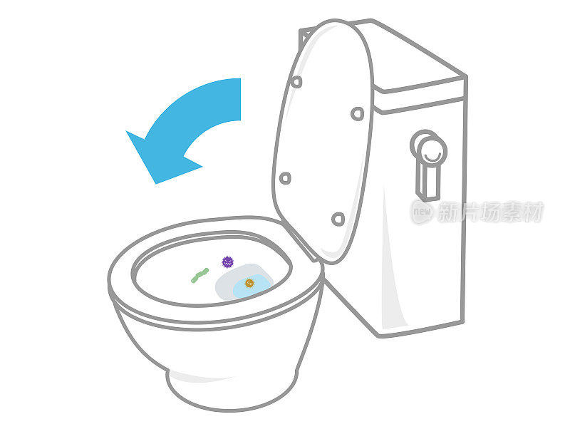 这个插图鼓励人们关上马桶盖冲水(感染控制)。