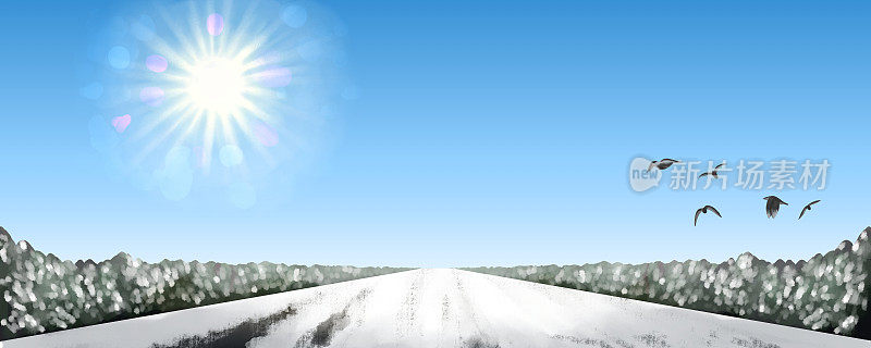 一幅风景画，画中笔直的道路上堆满了冬天的蓝天和白雪