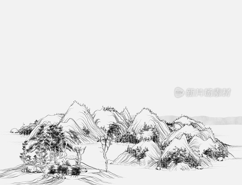 抽象的中国传统山水画，山河自然插画