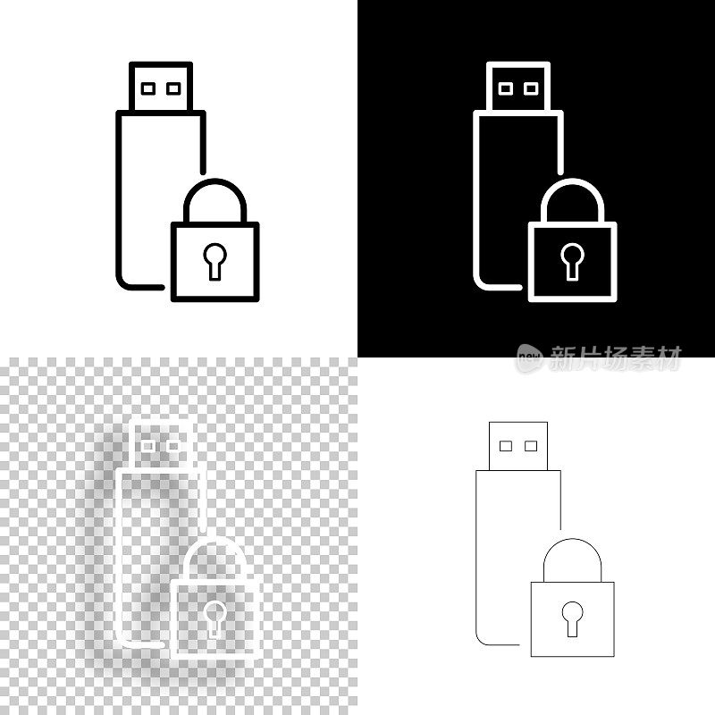 带挂锁的u盘。图标设计。空白，白色和黑色背景-线图标
