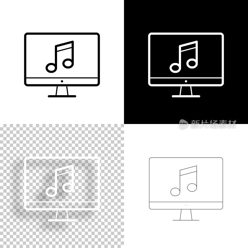 台式电脑上的音乐。图标设计。空白，白色和黑色背景-线图标