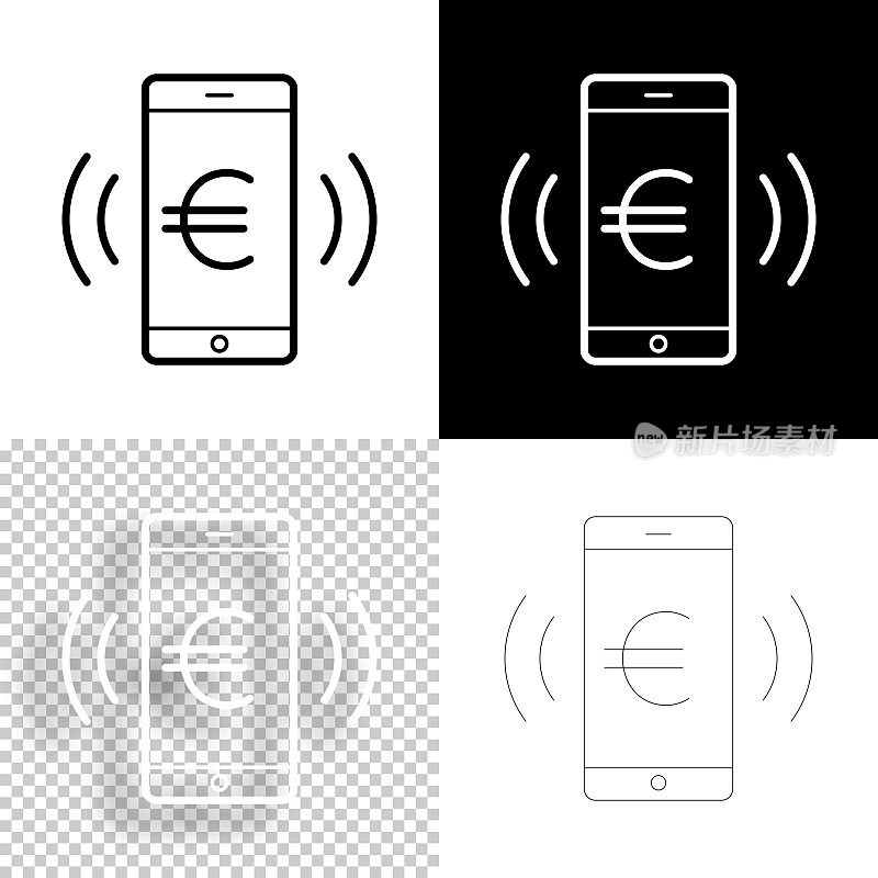 智能手机响起欧元信号。图标设计。空白，白色和黑色背景-线图标