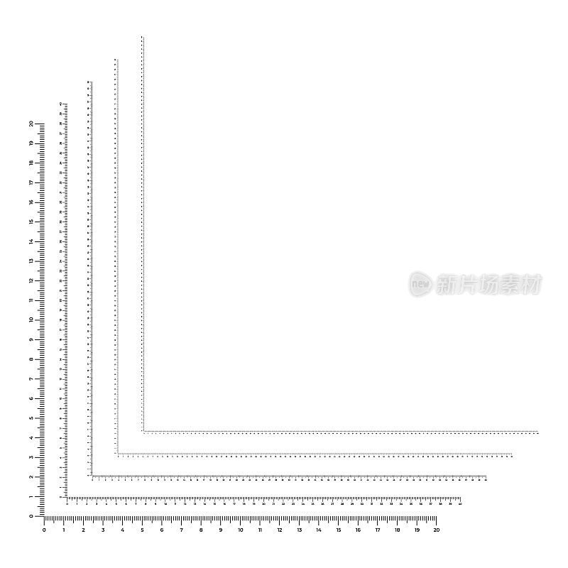 矢量插图的角尺从0到20,40,60,80和100厘米孤立在白色背景上。一组平面风格的测量仪器线。垂直和水平测量尺度。