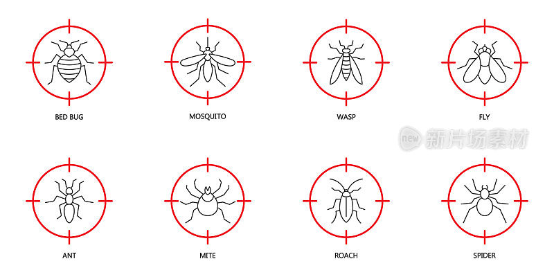 停止昆虫图标设置。害虫防治图标设置在红色目标上。昆虫在枪口下。臭虫、蚊子、黄蜂、苍蝇、蚂蚁、螨虫、蟑螂和蜘蛛的象征。矢量插图。