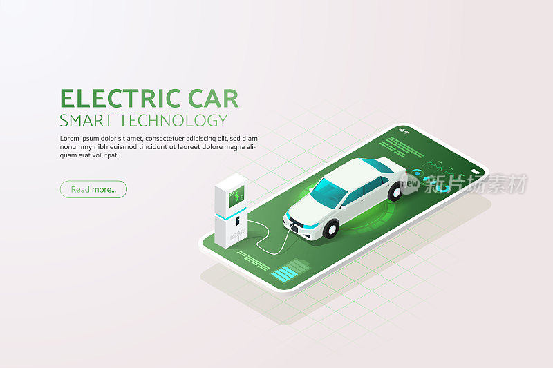 电动汽车通过手机应用程序在充电站为电池充电。