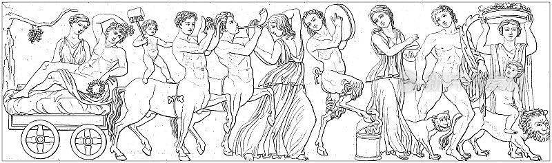 古代雕刻插画，文明:希腊罗马神与神话，酒神庆典