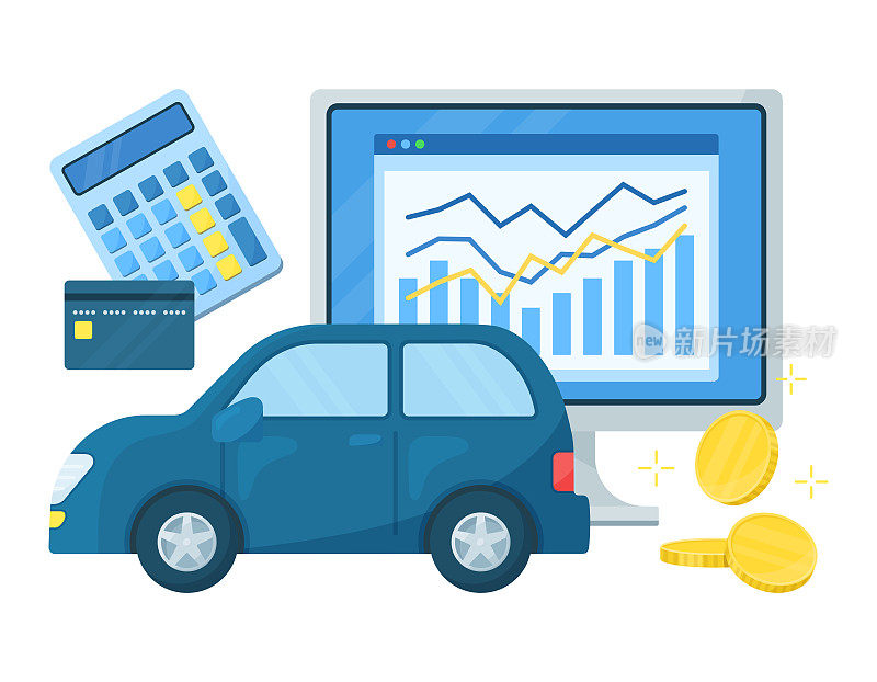 关于汽车和金钱的插图。购买和出售。计算维护成本，保险费和其他资金计算。引人注目的。