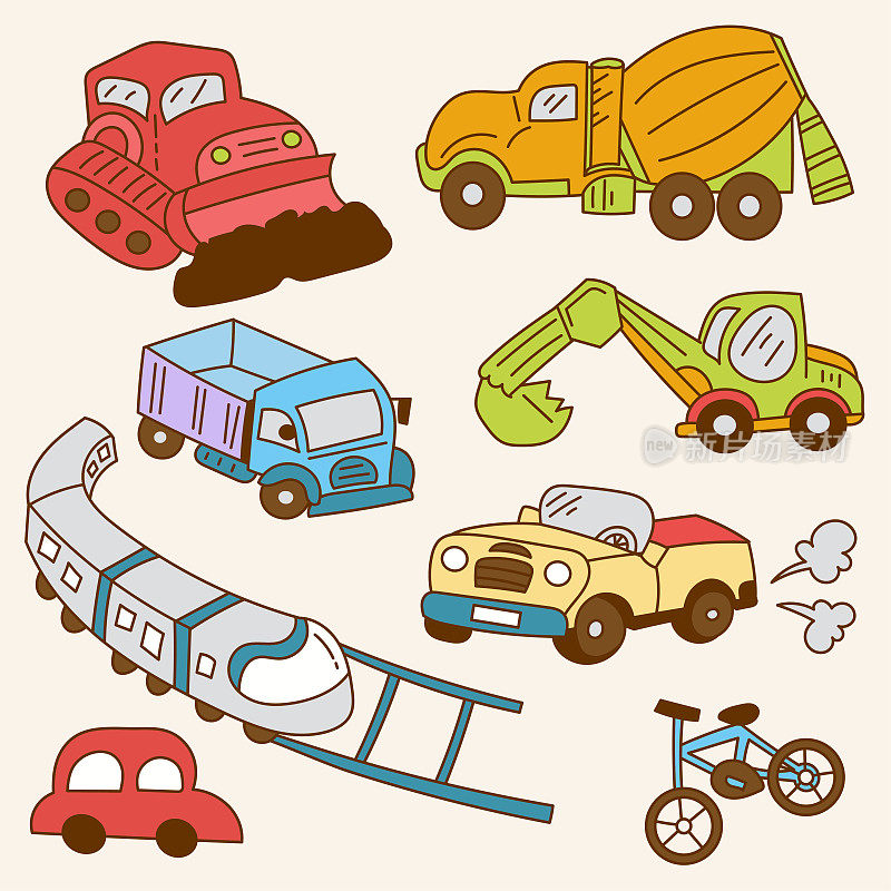 一套大孤立的手绘涂鸦的汽车，火车和建筑车辆在儿童概念，彩色平面矢量插图