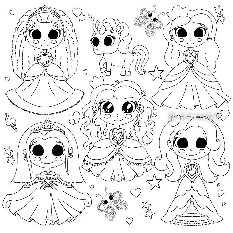 孩子们的涂色书，5个穿着华丽裙子的公主，周围都是蝴蝶，星星，鲜花，糖果和独角兽