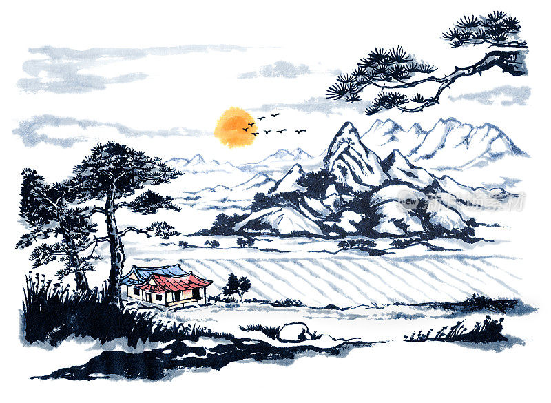 韩国自然风光、水墨画、国画
