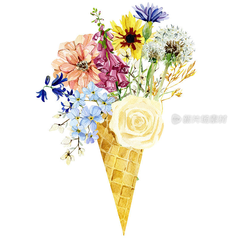 华夫饼筒里的水彩冰淇淋，有玫瑰花，野花，野花，野花。夏季插图印刷和贺卡。