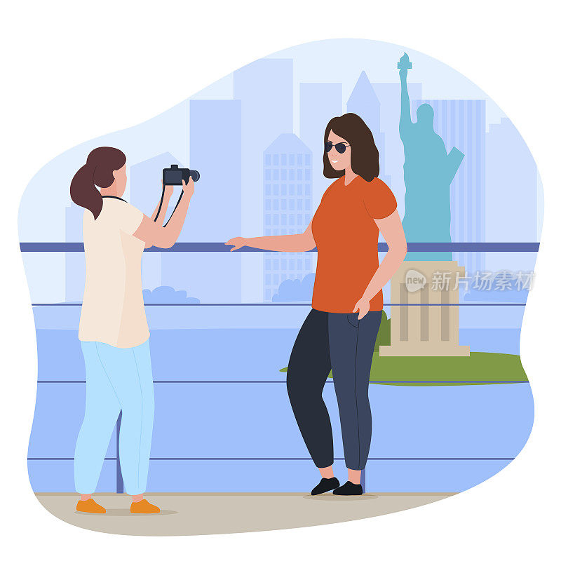 女游客在观光自由女神像的背景照片矢量平面插图