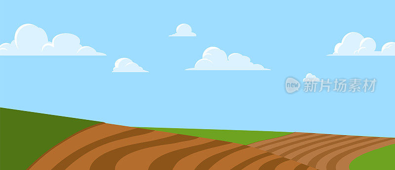 农田景观，绿色山丘与农田-平面矢量插图。