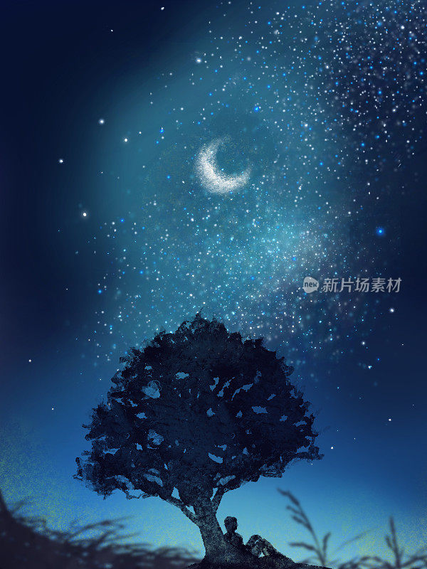在美丽的星空下，长满树木的神秘色彩插图