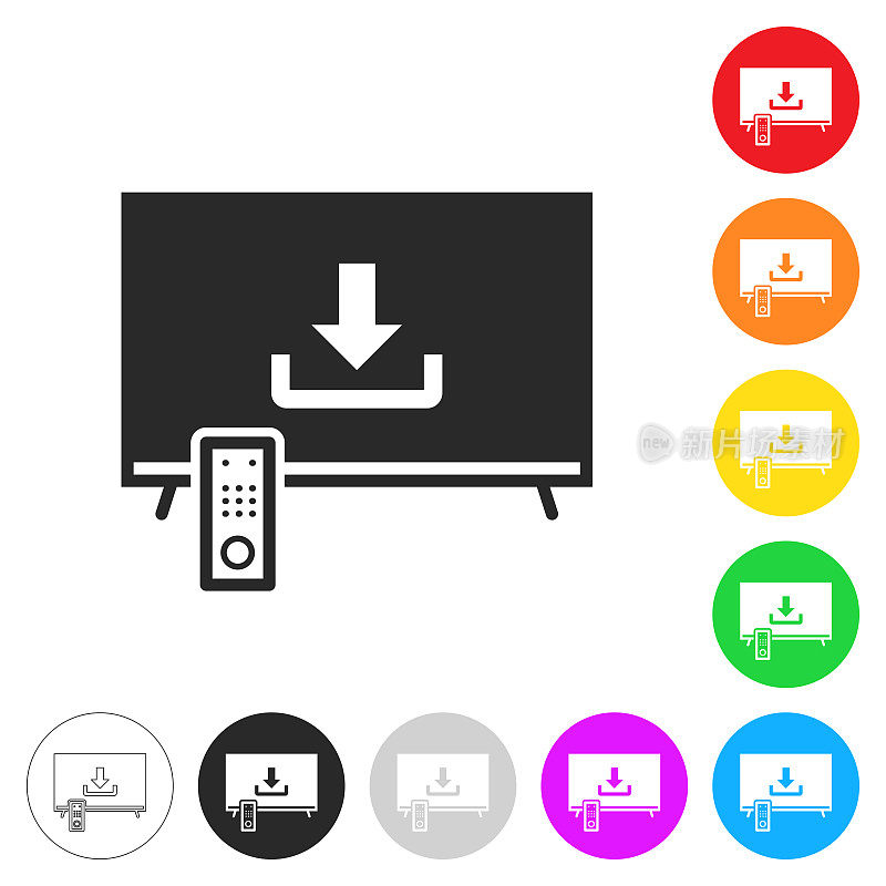 在电视上下载。彩色按钮上的图标