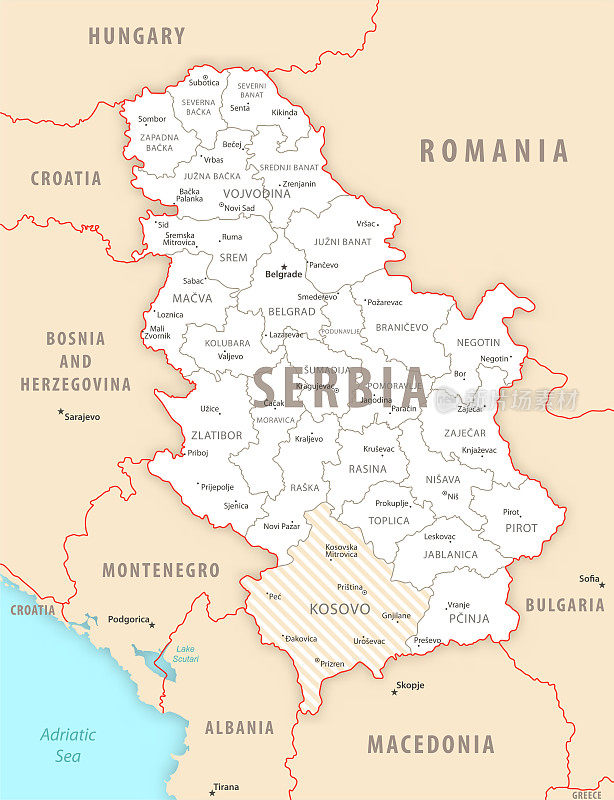 塞尔维亚详细的地图，有地区和城市的国家。