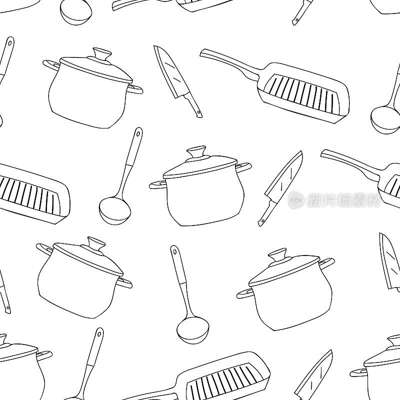 厨房用具涂鸦插图无缝模式在矢量。与厨房用具的无缝图案设计。厨具无缝模式。