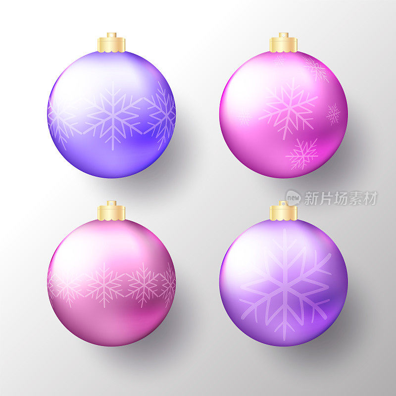 一套现实的圣诞节或新年透明的小玩意儿，球或球在明亮的紫色帽子，金色的帽子，雪花和阴影。矢量插图eps10