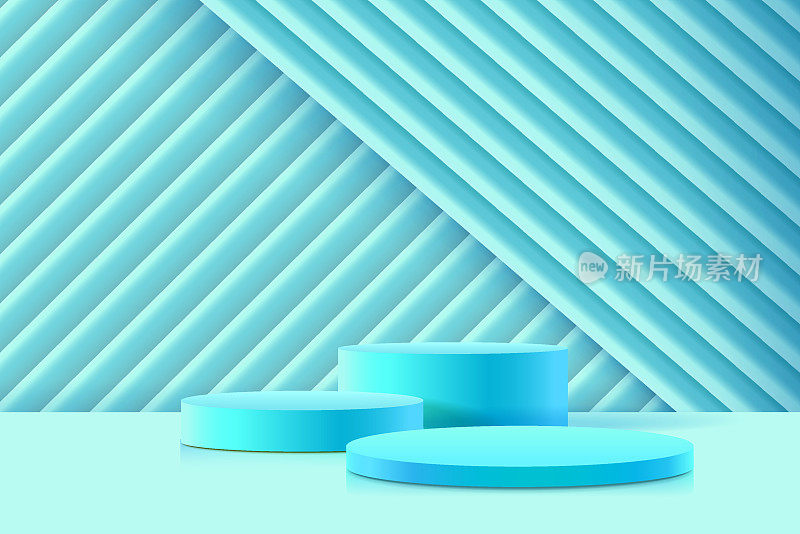 摘要三维圆柱体基座平台与蓝色几何立方体平台。灯光最小的墙壁场景。用于产品呈现的现代矢量渲染。