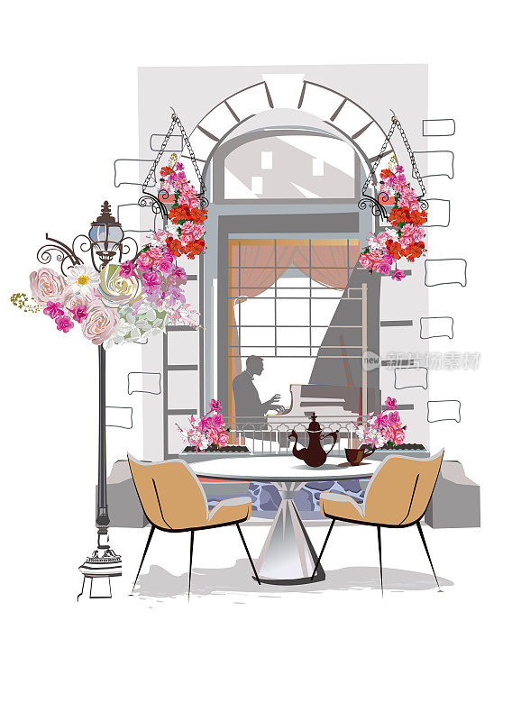 一系列的背景装饰着鲜花、老城景观和街头咖啡馆。一张咖啡桌和一把椅子。