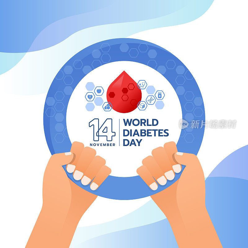 世界糖尿病日——双手捧着蓝色的圆圈象征滴血和关于糖尿病的六边形标志矢量设计