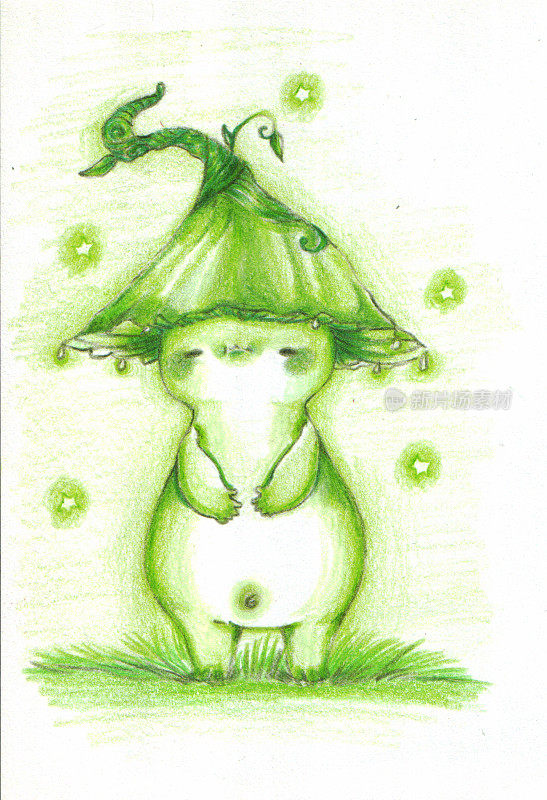积极的插图。绿色蘑菇插图。传统的艺术。彩虹蘑菇的收集