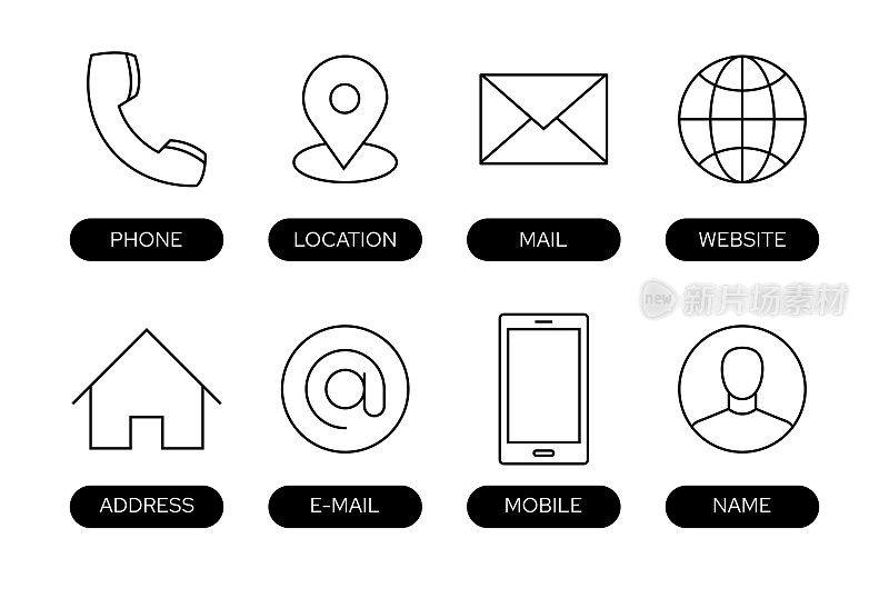 名片图标。电话，地点，邮件，网站，地址等。象征