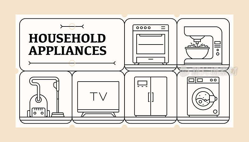 家用电器线图标集和横幅设计