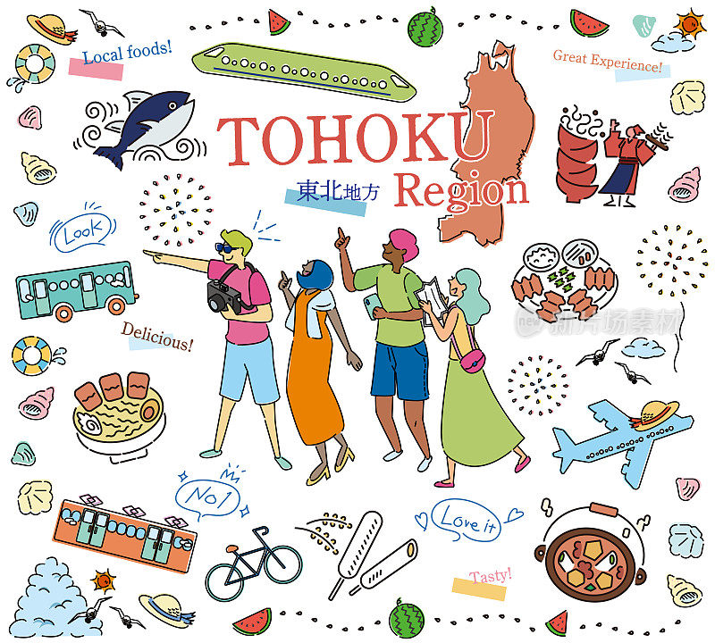 在日本东北地区享受夏季美食旅游的游客，一组图标(线条画)