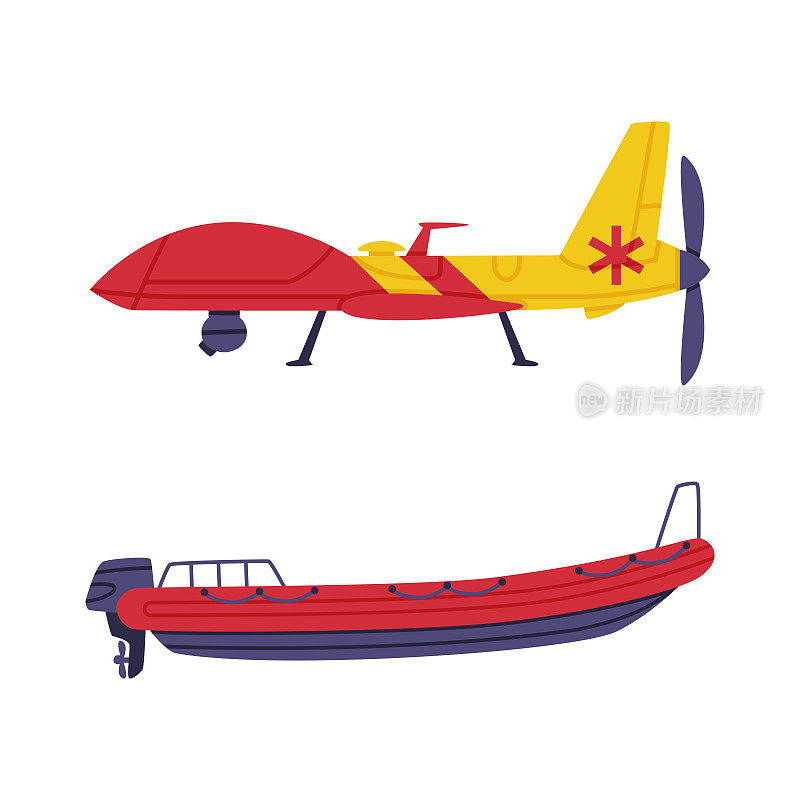 红色和黄色的飞机和船作为救援设备和紧急救援车辆的生命矢量集