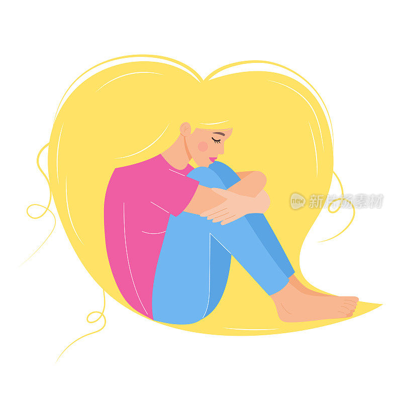 悲伤的金发女人坐着，抱着她的膝盖。她长长的心形头发环绕着她。抑郁，情绪不稳定，爱情失败，没有战争，失去，悲伤，痛苦，死亡概念。