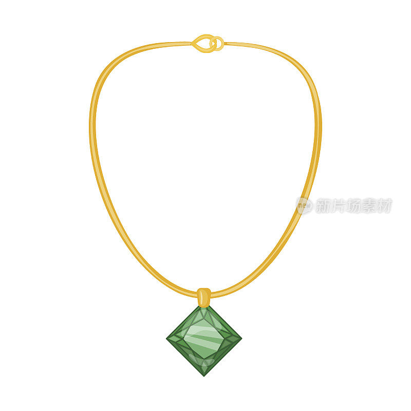 黄金项链与方形祖母绿珠宝矢量插图。金、银、珍珠首饰。石头或钻石戒指，耳环，手镯