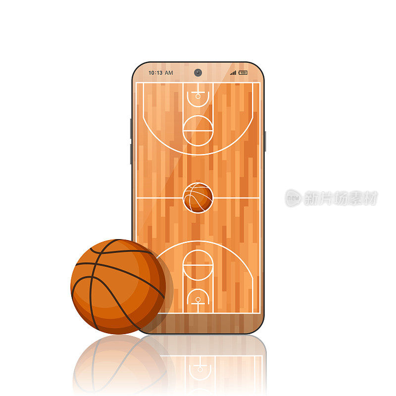移动篮球。在线体育打赌玩比赛。在线篮球游戏与现场移动应用程序。篮球场在智能手机屏幕和球。网上售票，体育博彩概念