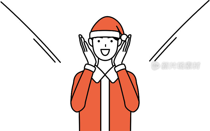 简单的线条插画，一个男人打扮成圣诞老人用他的手捂着嘴在喊。