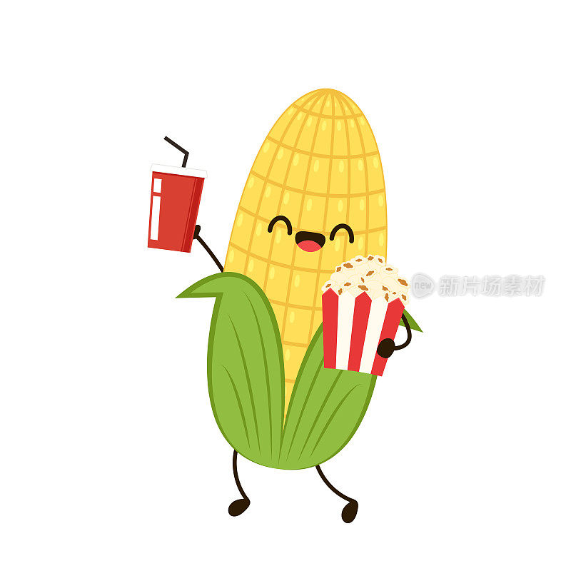 玉米和爆米花漫画。矢量吉祥物，卡通和插图的玉米抱着爆米花。角色设计。