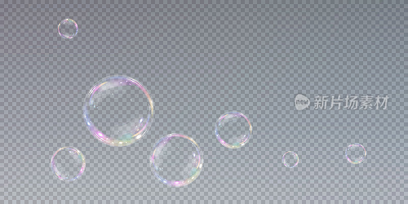逼真的肥皂泡集合。气泡位于透明的背景上。矢量飞肥皂泡。水玻璃气泡逼真的PNG