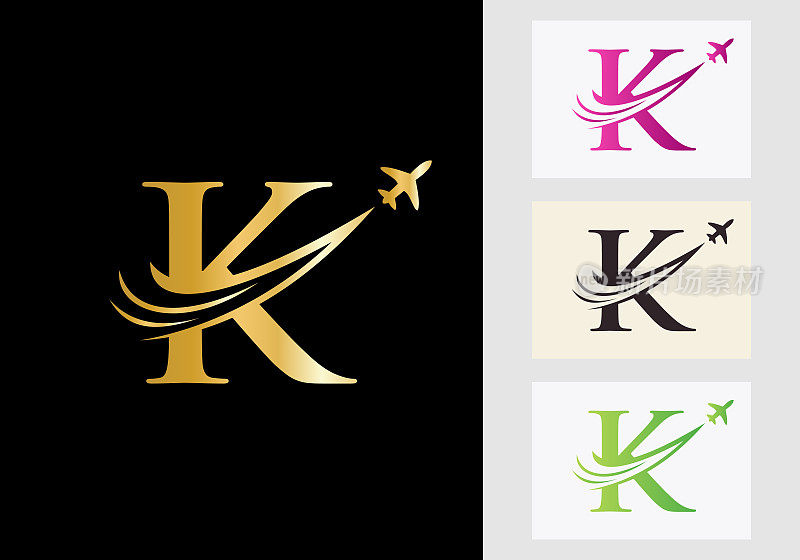 字母K旅行标志概念与飞行的飞机符号