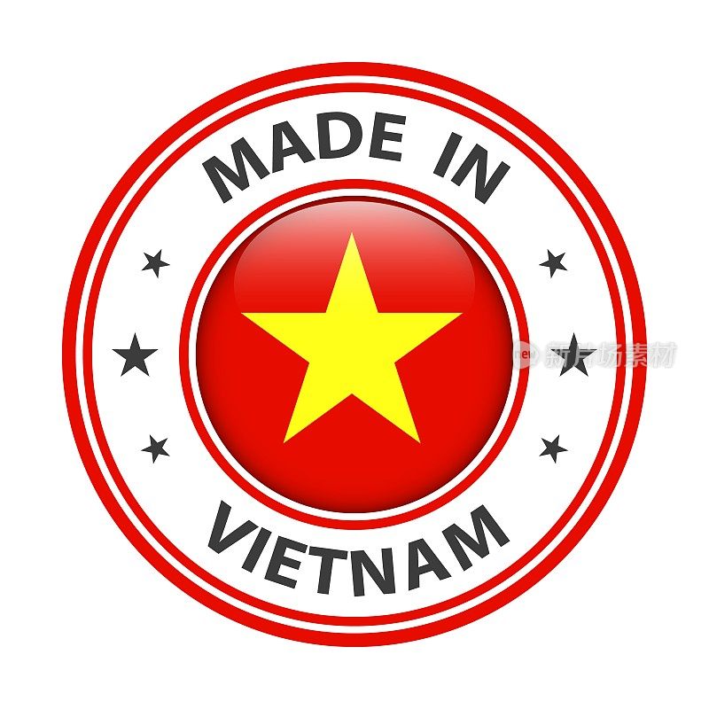 越南制造徽章矢量。有星星和国旗的贴纸。标志孤立在白色背景上。