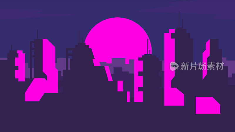 在美丽的日落背景上的未来主义大都市的平面插图。