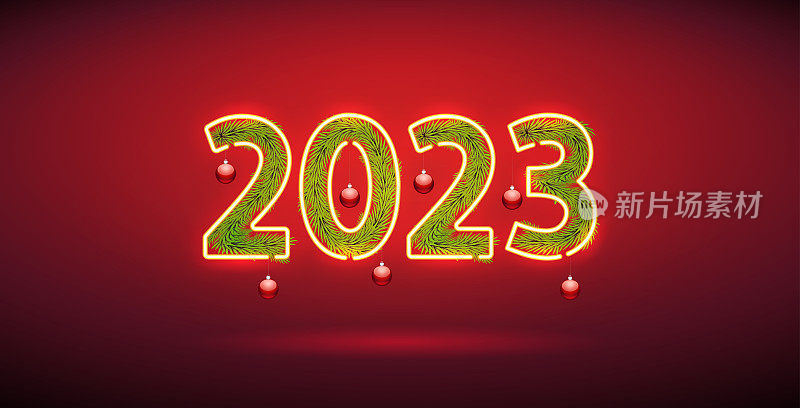 霓虹灯2023与花环和红球