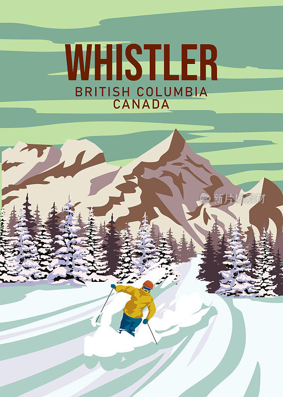 惠斯勒旅游滑雪场海报复古。加拿大、不列颠哥伦比亚省冬季风景旅游卡