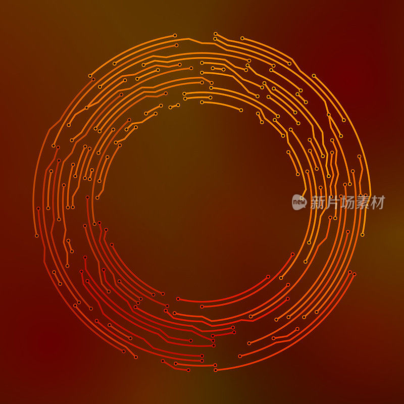 红橙色电路板风格抽象圆形电子背景图案。
