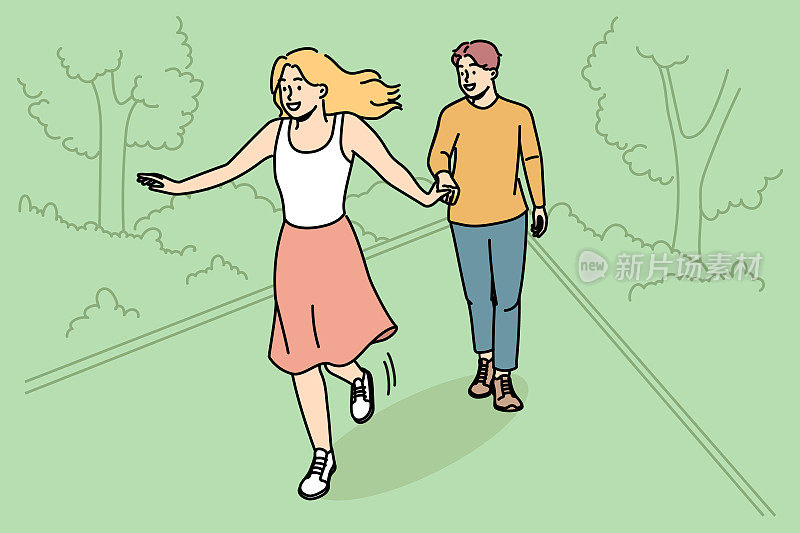 幸福的情侣在公园散步