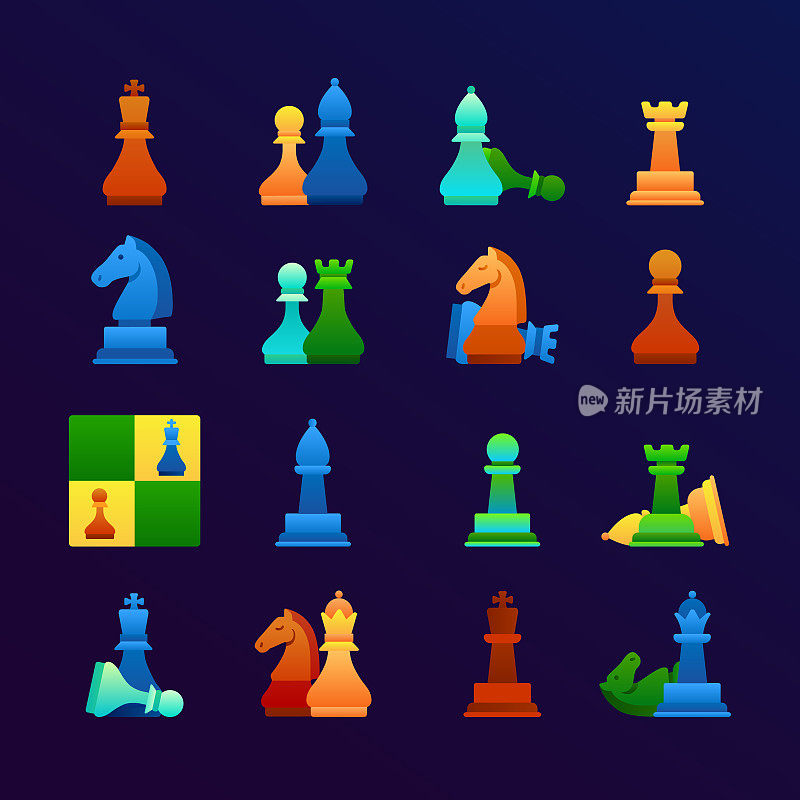 国际象棋平面渐变图标集